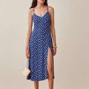 Reformation royal blue print midi dress with slit